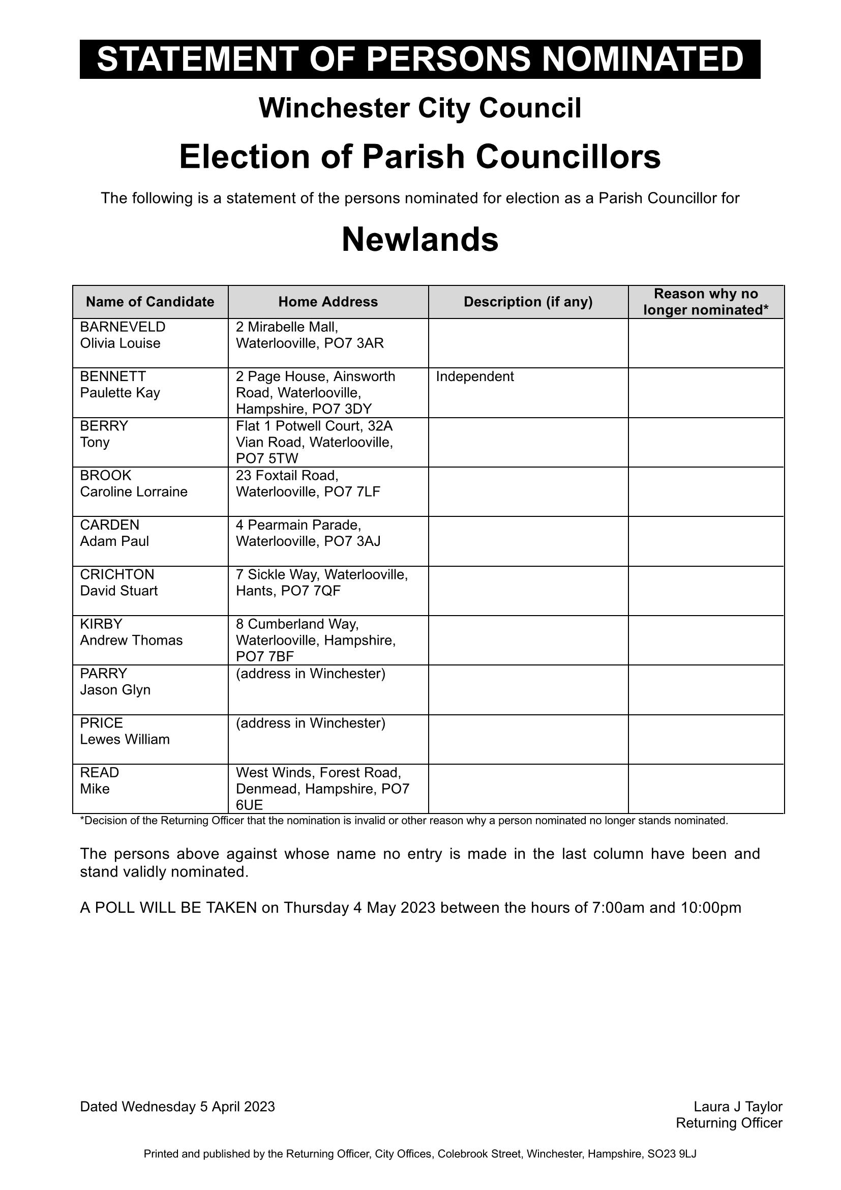 Newlands Parish Elections – Statement of persons nominated