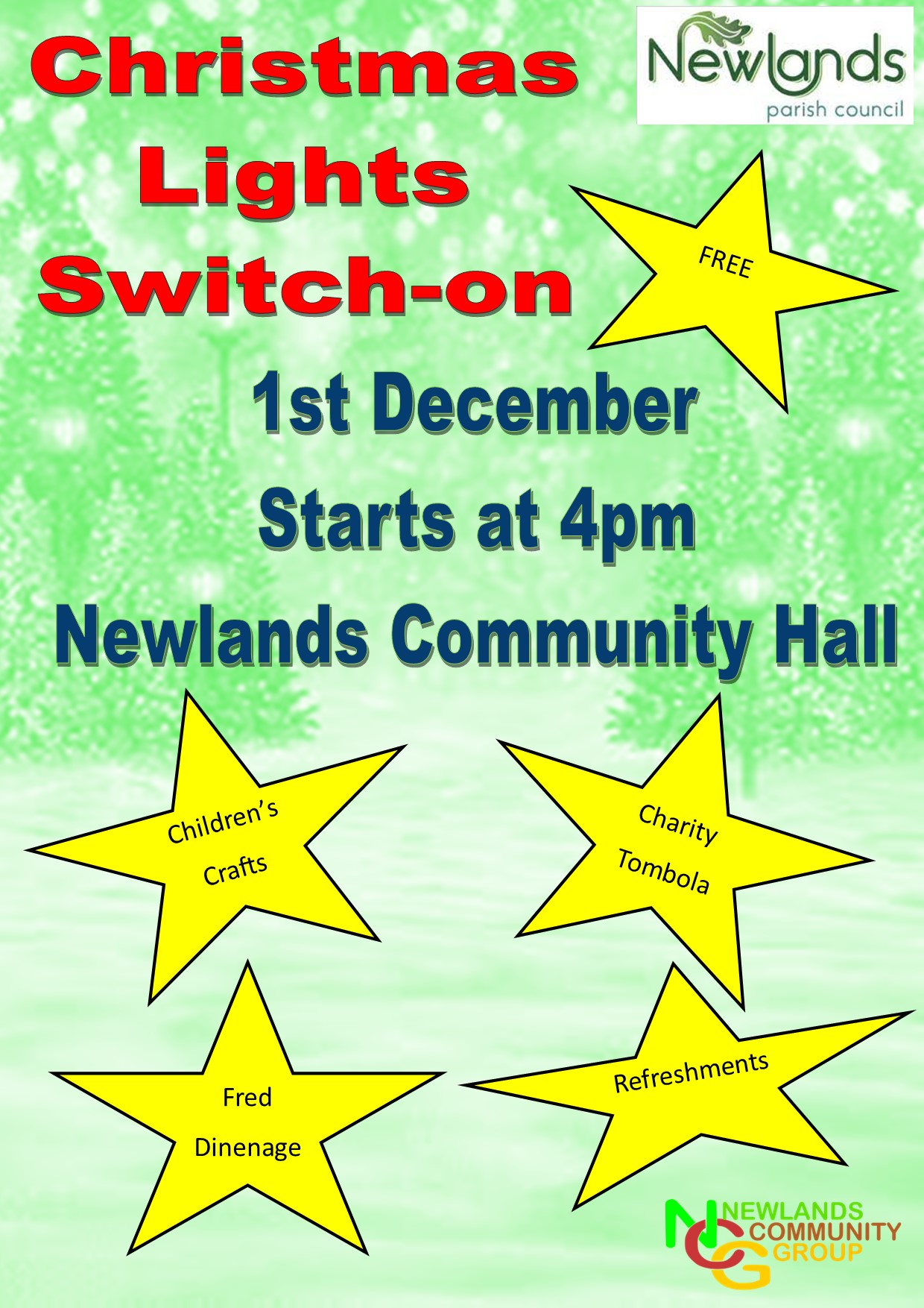 Newlands Parish Council invite you to this year’s Christmas lights switch-on event –  Friday 1st December at 4pm with our special guest Fred Dinenage